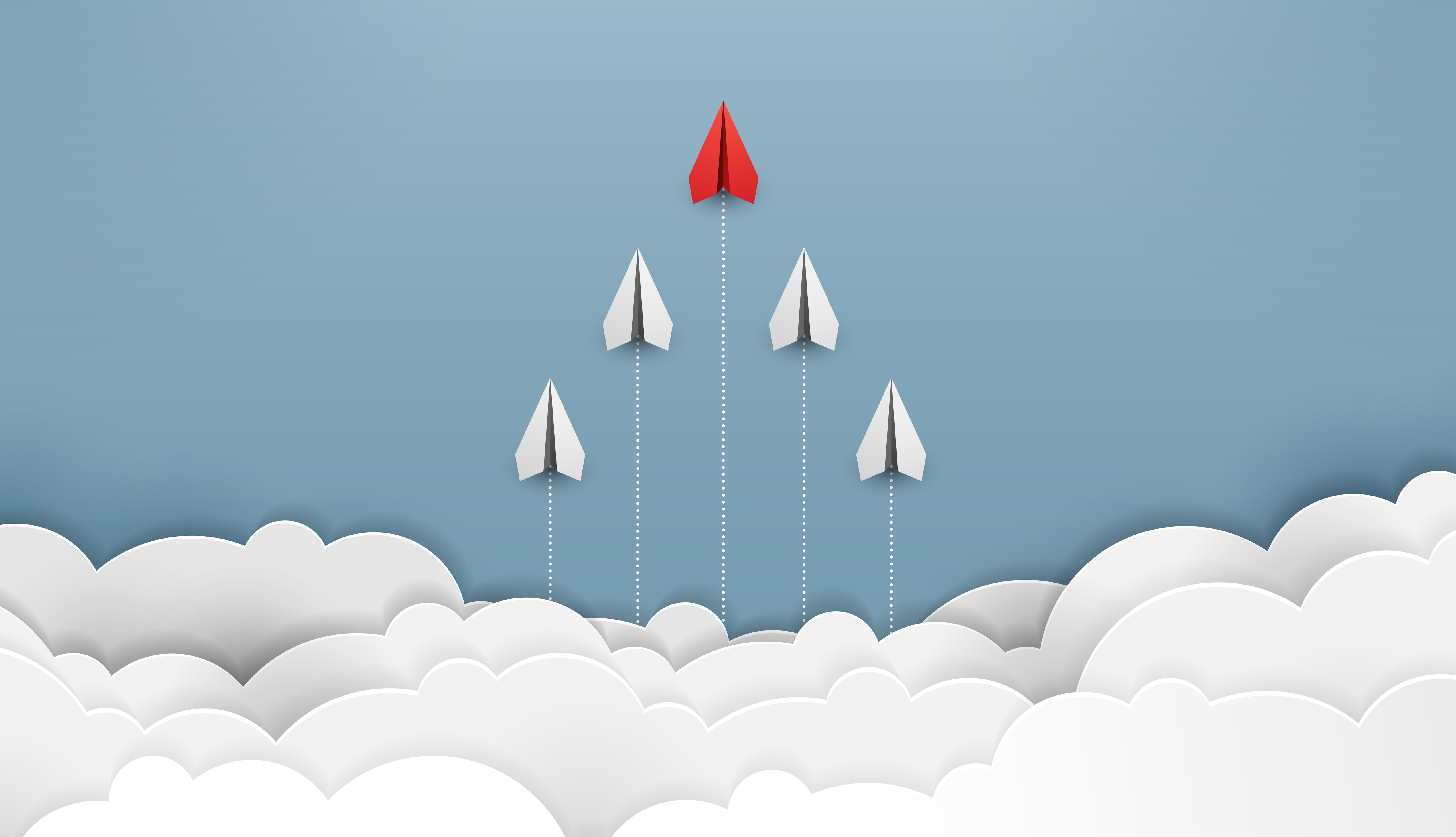 Paper plane are competition to destination up to the clouds and sky go to success goal. financial concept. leadership. creative idea. nature landscape and concept of business by paper art. vector.