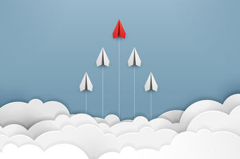 Paper plane are competition to destination up to the clouds and sky go to success goal. financial concept. leadership. creative idea. nature landscape and concept of business by paper art. vector.